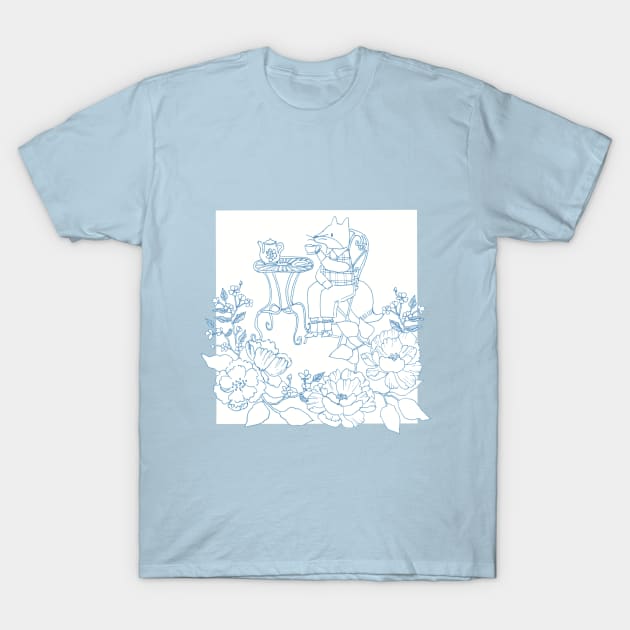 Fox Enjoying Tea Time in a Flower Garden T-Shirt by Cati Daehnhardt